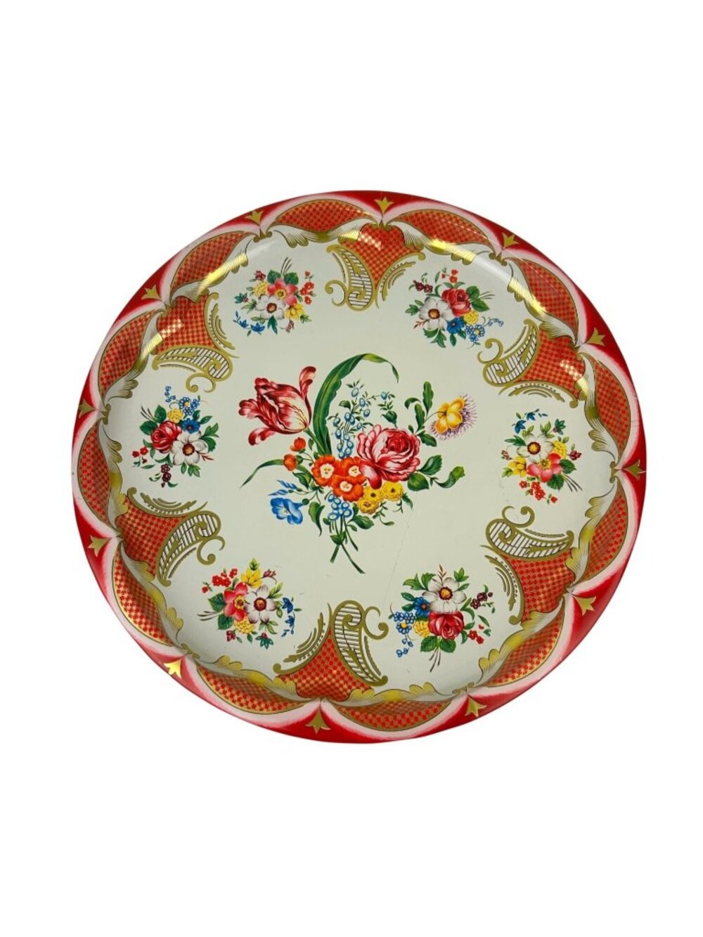 VTG Daher Tin Round Decorated Ware Tray Serving Made in England 12.5" Floral Red